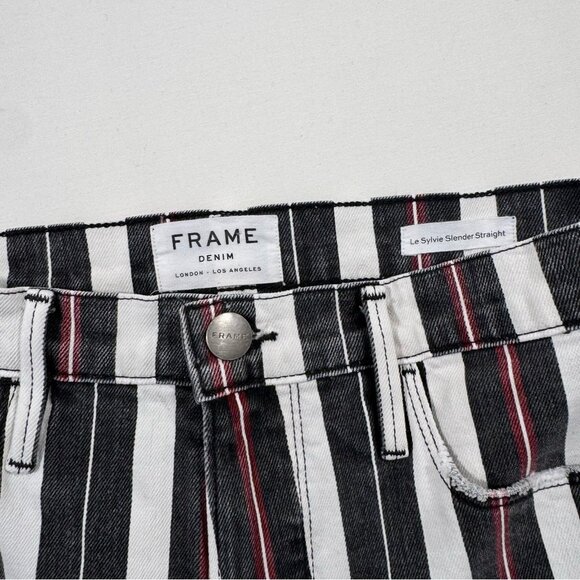 FRAME Le Sylvie Slender Straight Stripe Jeans 28 Black White Cherry Red Chic USA - Picture 8 of 15